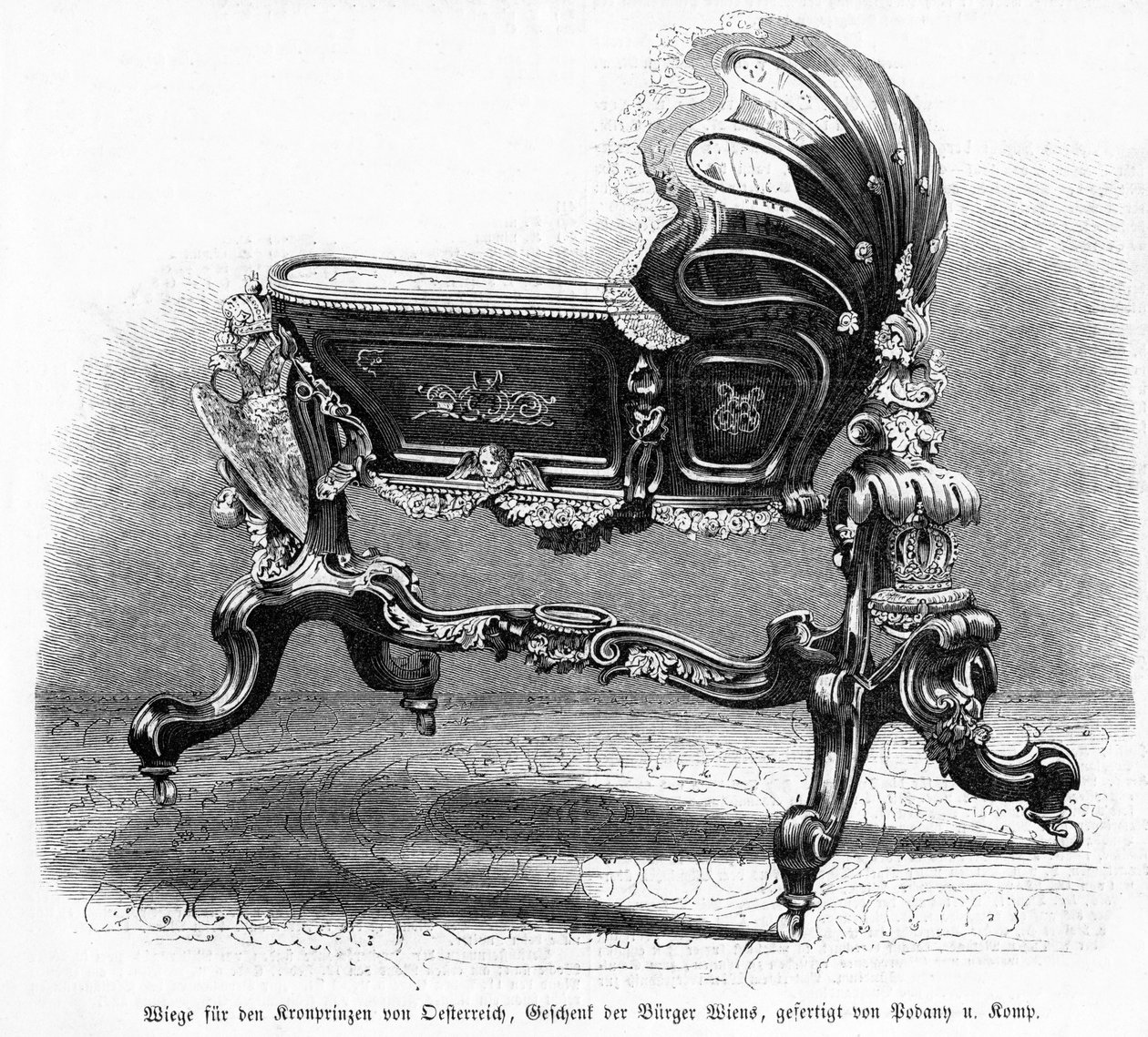 Barneseng til den østerrikske kronprinsen, illustrasjon fra Leipziger Illustrirte Zeitung, 1859 (tregravering) av Austrian School