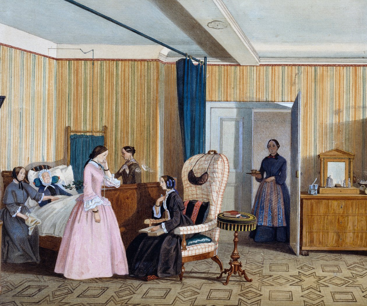 Biedermeier-stil soverom, akvarell, Østerrike av Austrian School