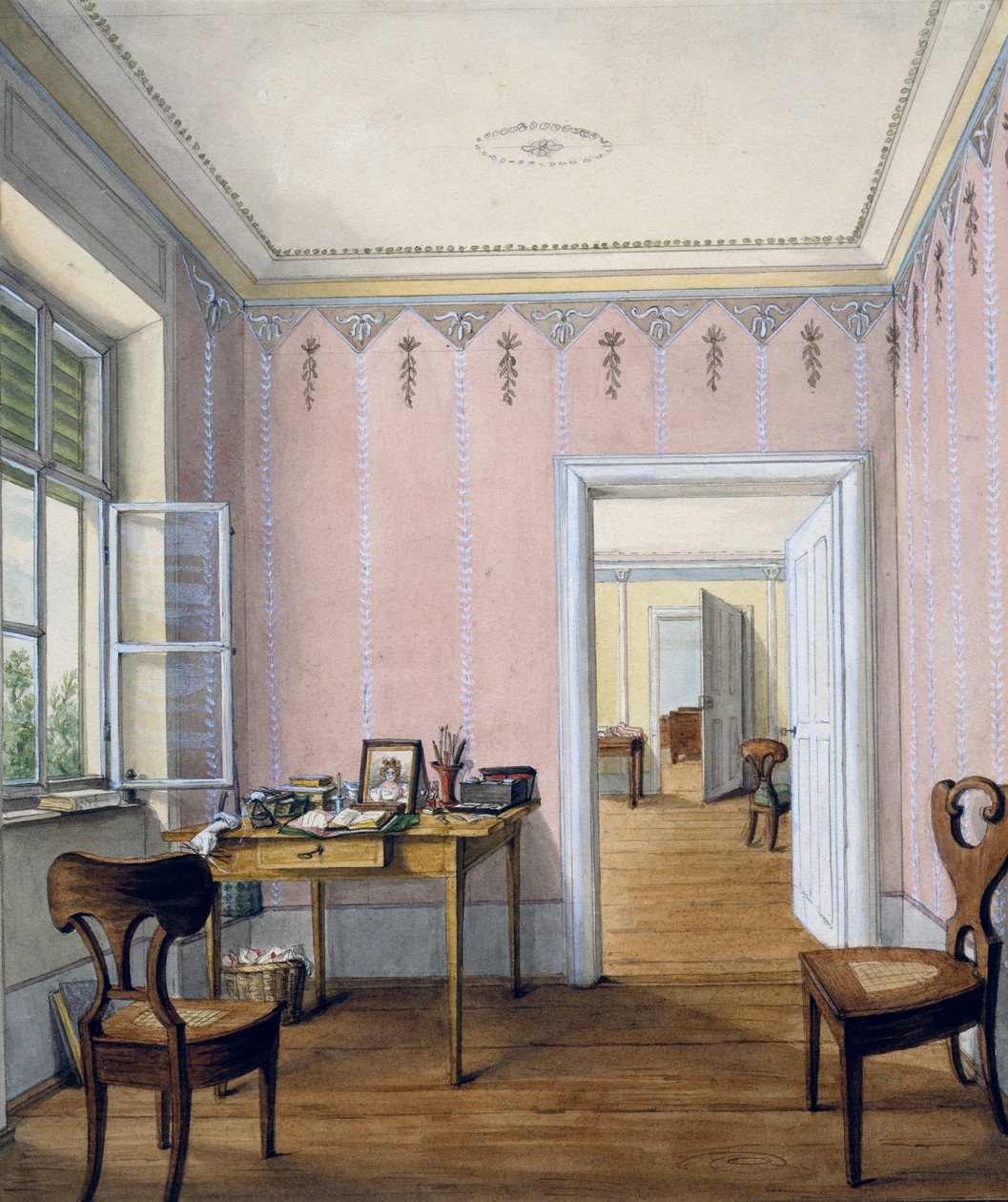 Biedermeier stil interiør, ca 1840, akvarell, Østerrike av Austrian School