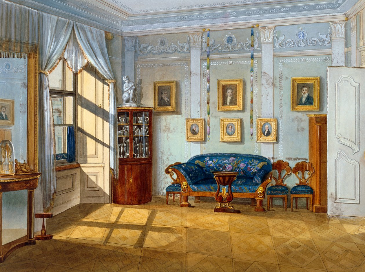 Biedermeier stil salong, ca 1830, akvarell, Østerrike av Austrian School