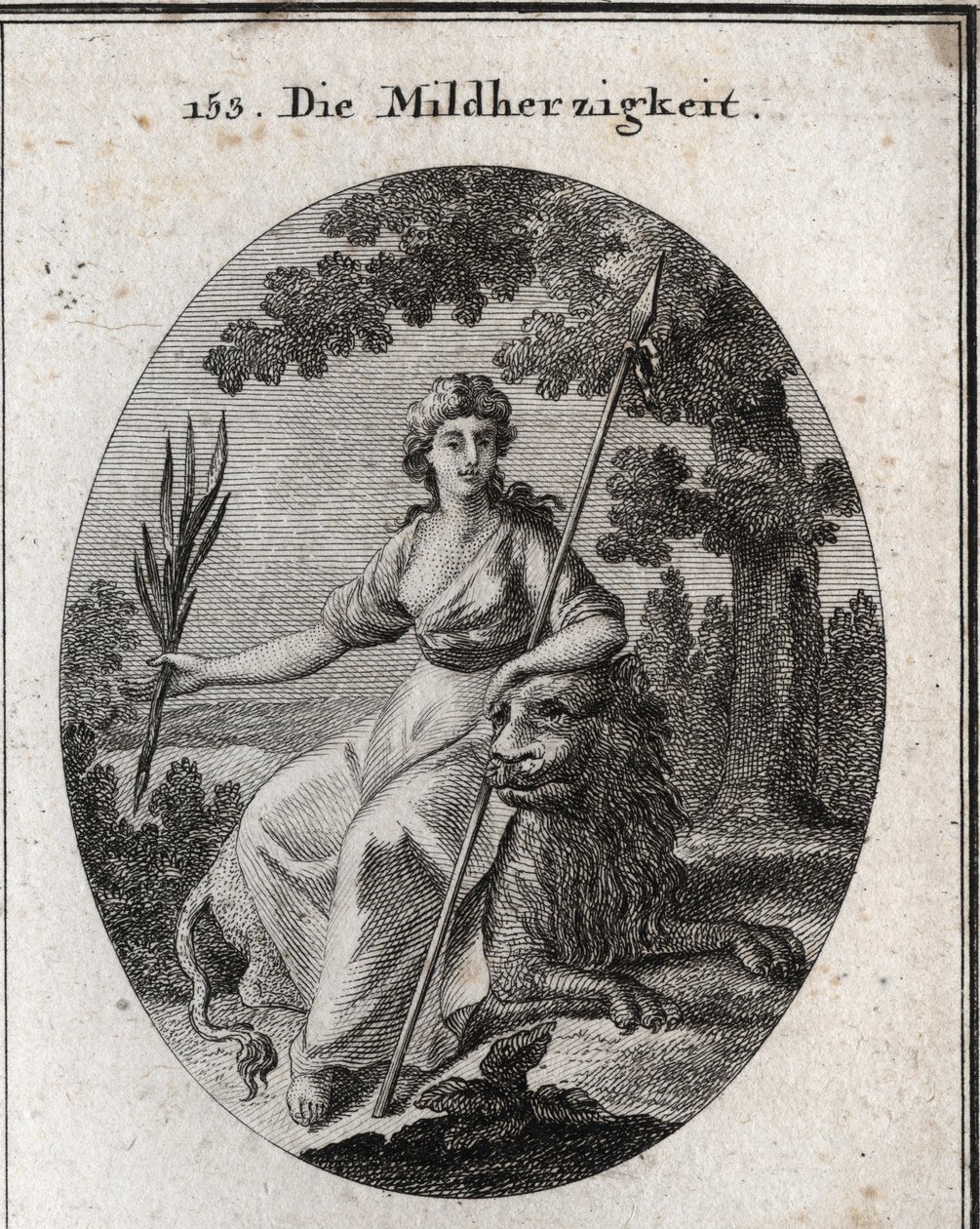 Clemence allegori. Hun er representert med et spyd og en olivengren for å indikere at hun har makt til å straffe, men også til å tilgi. Løven er egenskapen til generositt. Gravering i "" Iconologie oder Ideen aus dem Gebiete der Leidenschaften un av Austrian School