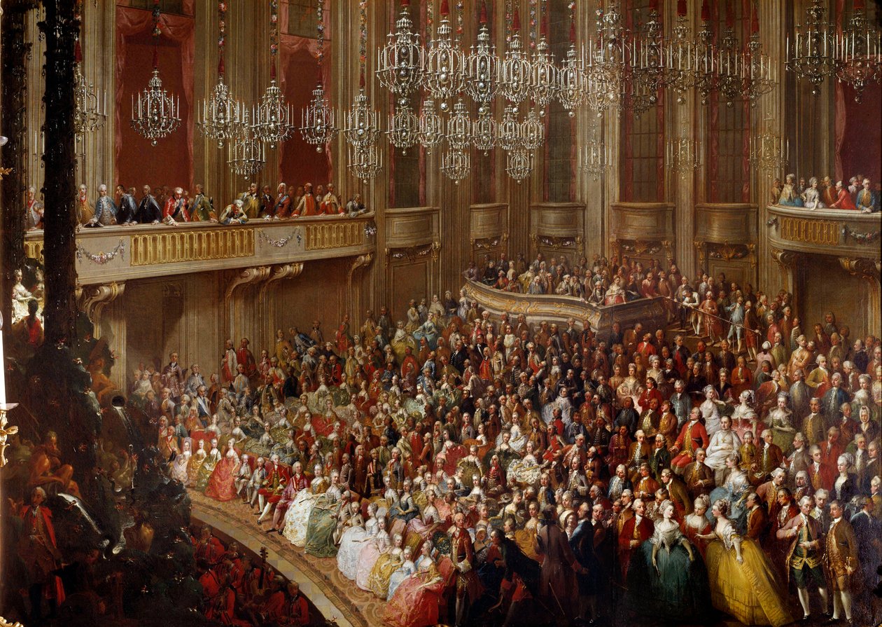 Konsert i Wien i nærvær av den keiserlige familien. Maleri av den østerrikske skolen på 1700-tallet. Schönbrunn slott av Austrian School