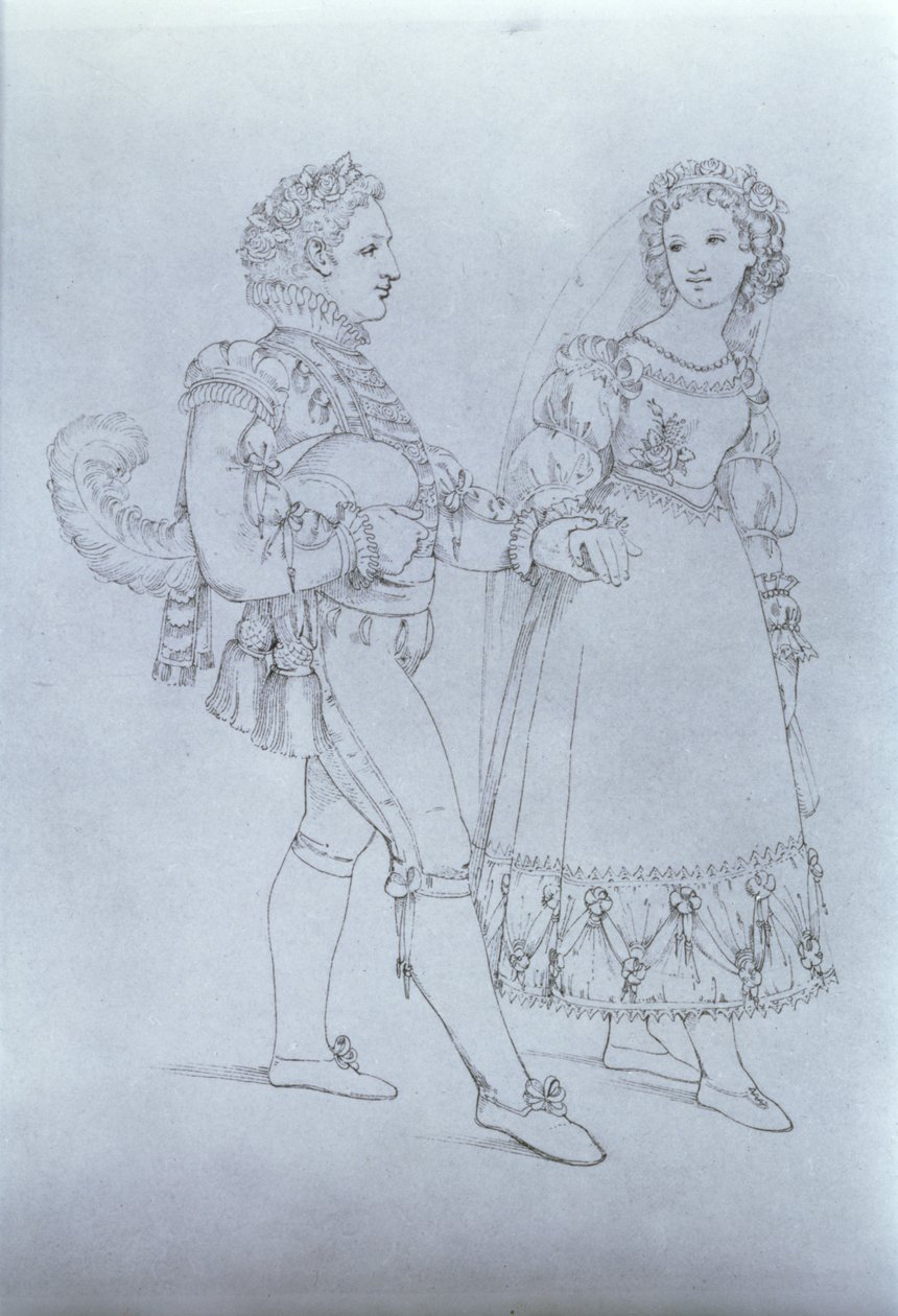 Kostymedesign for Figaro og Susanna fra operaen "The Marriage of Figaro" av Wolfgang Amadeus Mozart (1756-91) (gravering) av Austrian School
