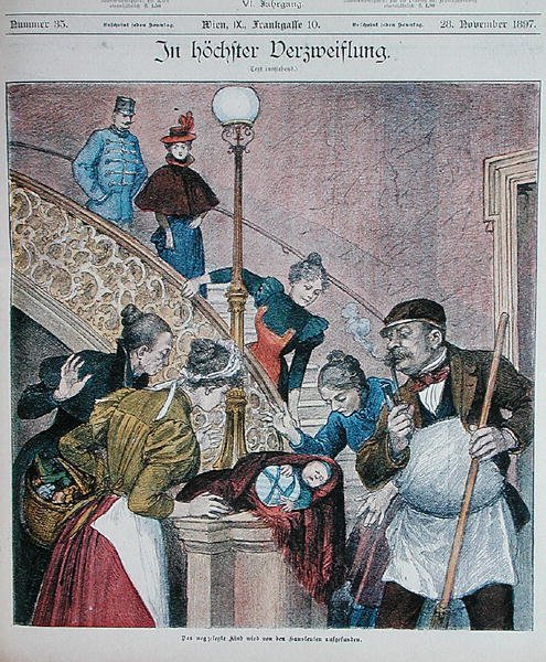 Forside av et østerriksk magasin som viser en baby forlatt på en trapp i en blokkleilighet, 28. november 1897 (litho-farge) av Austrian School