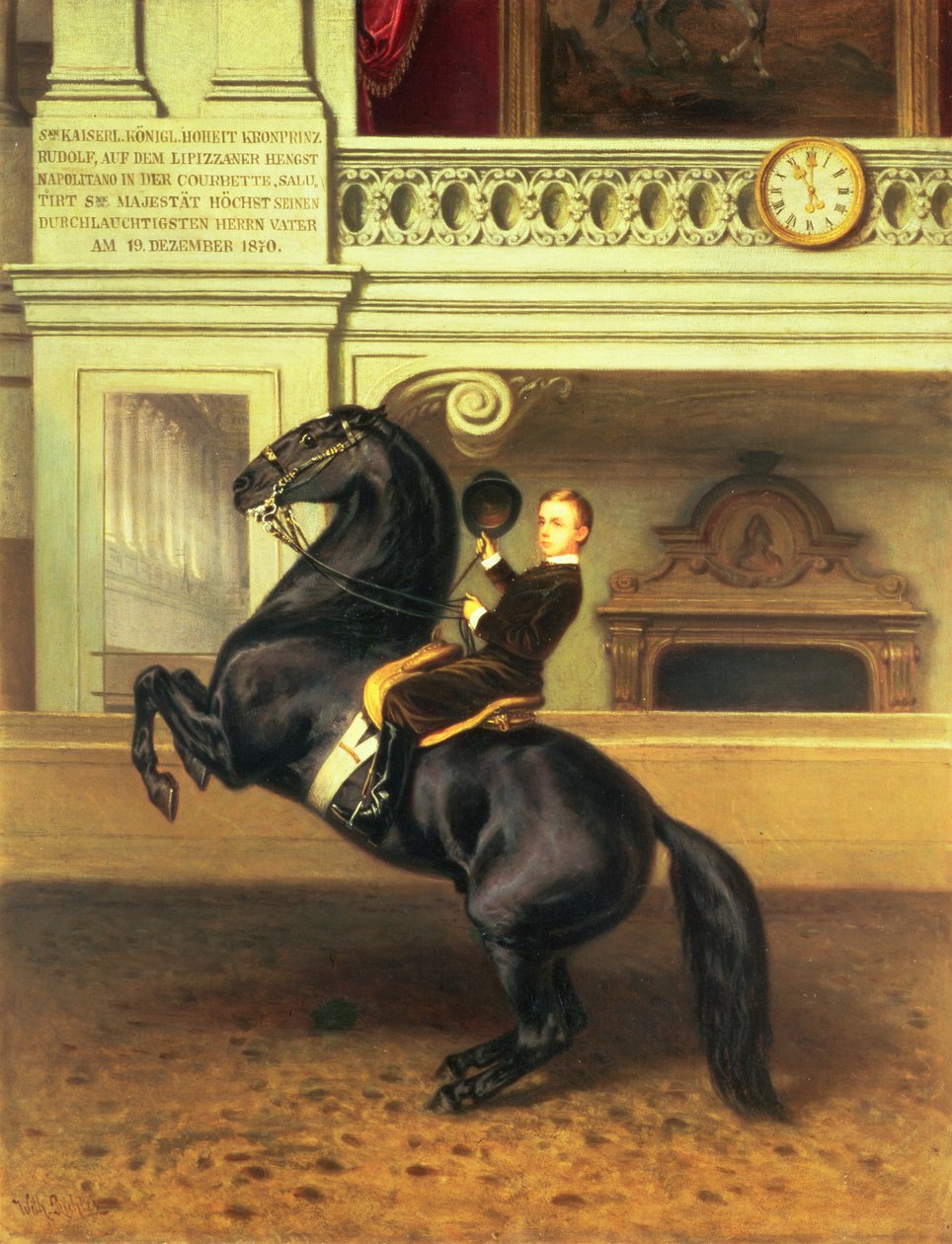 Kronprins Rudolph av Østerrike (1858-89) til hest i vinterrideskolen i Hofburg, Wien, 1870 av Austrian School
