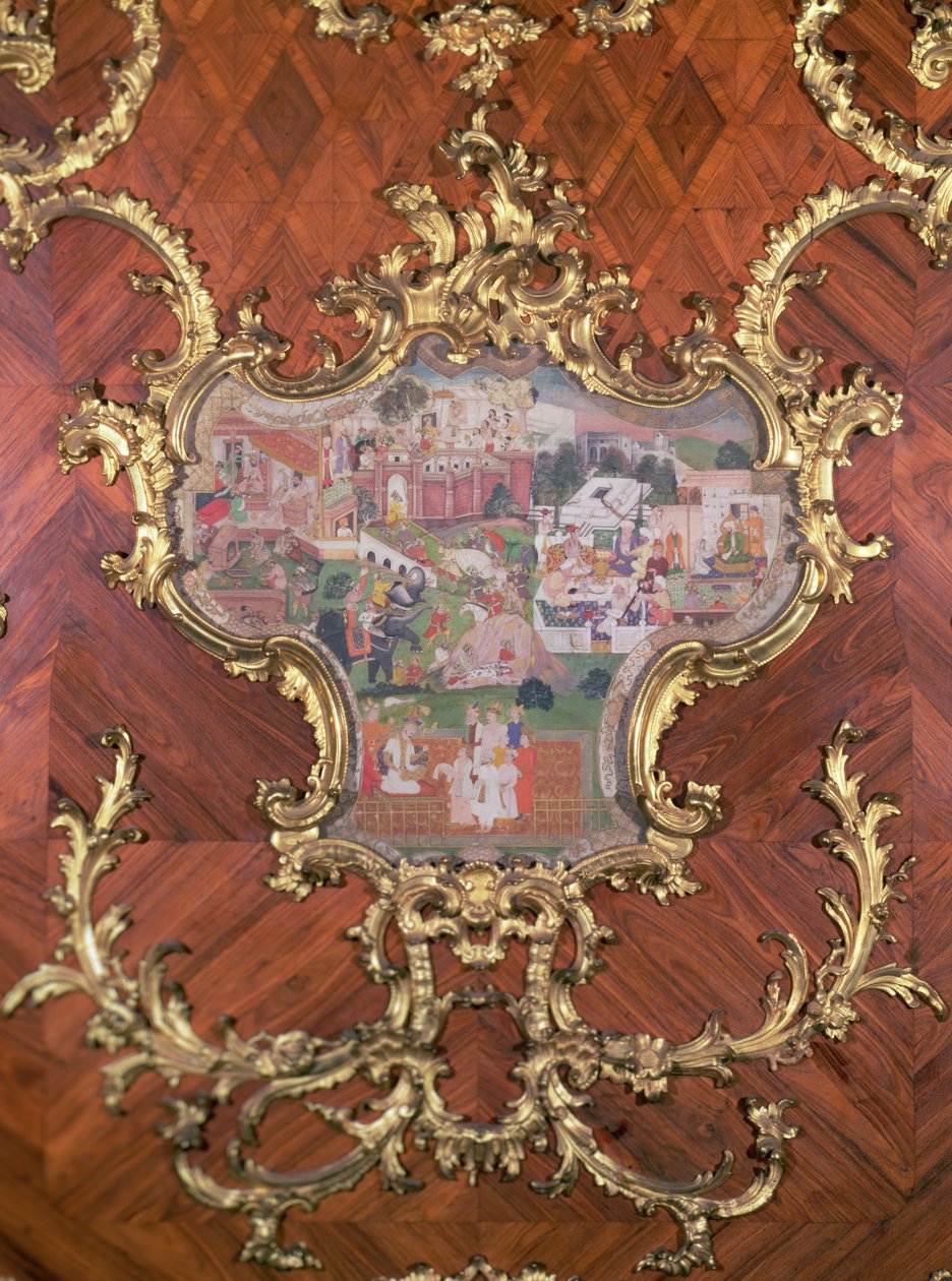 Detalj av panel innlagt med persiske miniatyrer av en lysthage med folk som fester fra Millionen-Zimmer, utviklet av Nikolaus Pacassi (1716-99) (forgylt fikentre) av Austrian School