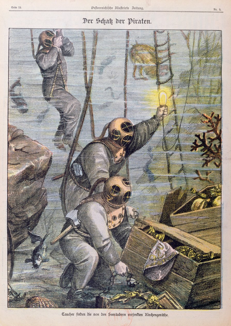 Dykkere finner skatter plyndret av pirater fra kirker, 1897 av Austrian School