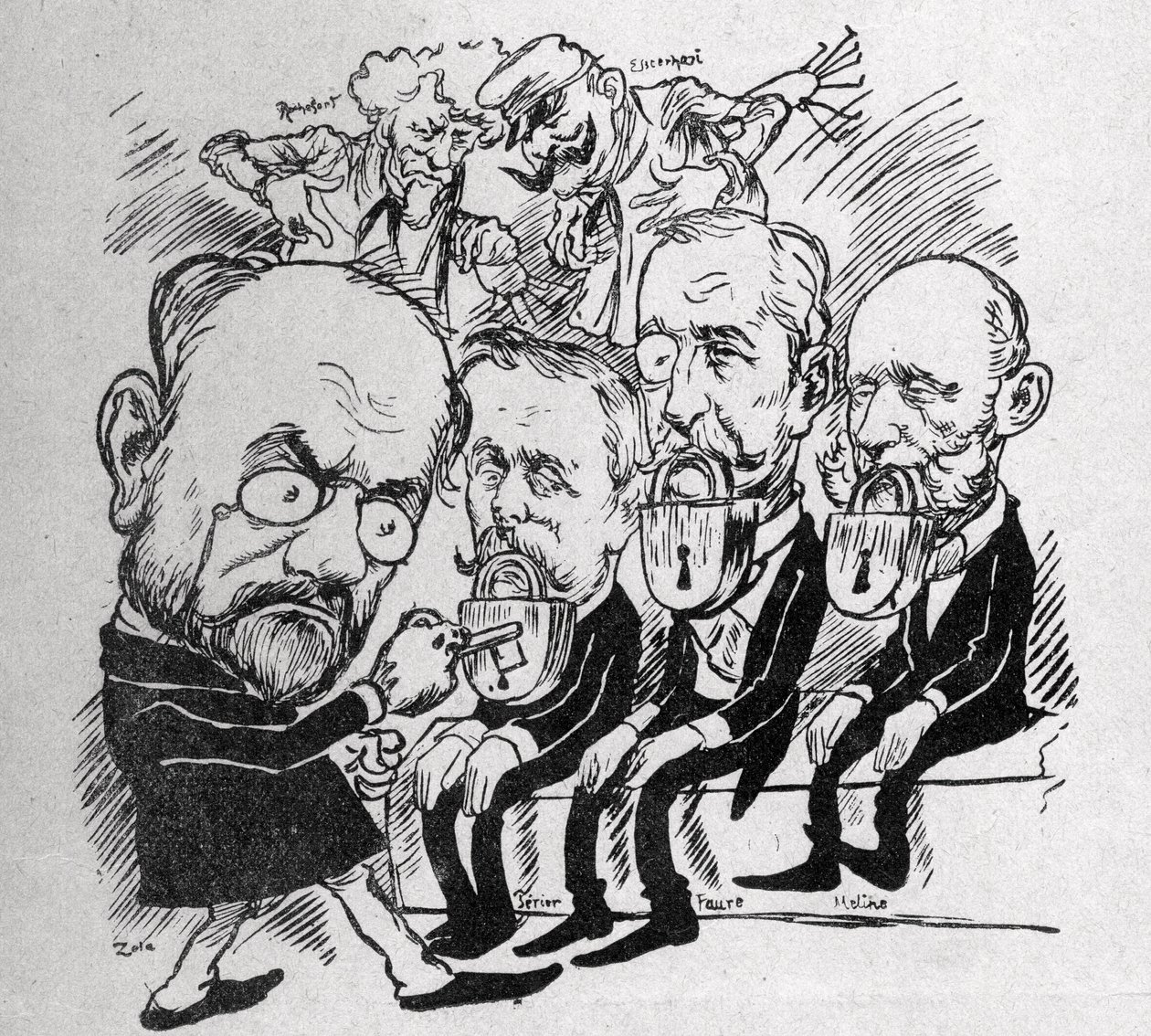 Emile Zola prøver å låse opp låsene som lukker munnen til presidentene Jean Casimir-Perier (1847-1907) og Felix Faure (1841-1899) samt presidenten for rådet Jules Meline (1838-1925), mens han er i bakgrunnen, Henri Rochefort (1831-1913) fortalte Com av Austrian School