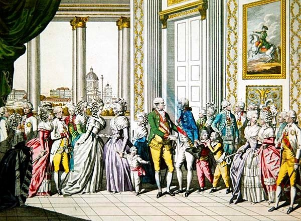 Keiser Leopold II og hans familie ønsker Ferdinand I, kongen av Napoli og Sicilia og hans familie velkommen i Wien av Austrian School