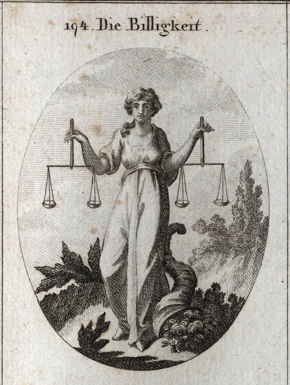 Egenkapital allegori som holder to vekter i samme høyde. Hennes egenskap er overflodens horn for å vise at hun belønner med godhet etter å ha ryddet riktig. Gravering i "" Iconologie oder Ideen aus dem Gebiete der Leidenschaften und Allegorien bildic av Austrian School
