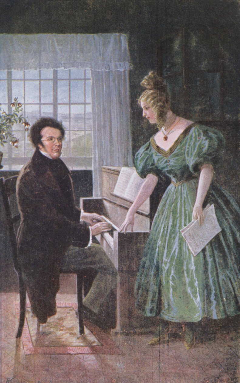 Franz Peter Schubert (1797-1828) spiller piano, postkort ca. 1910 av Austrian School