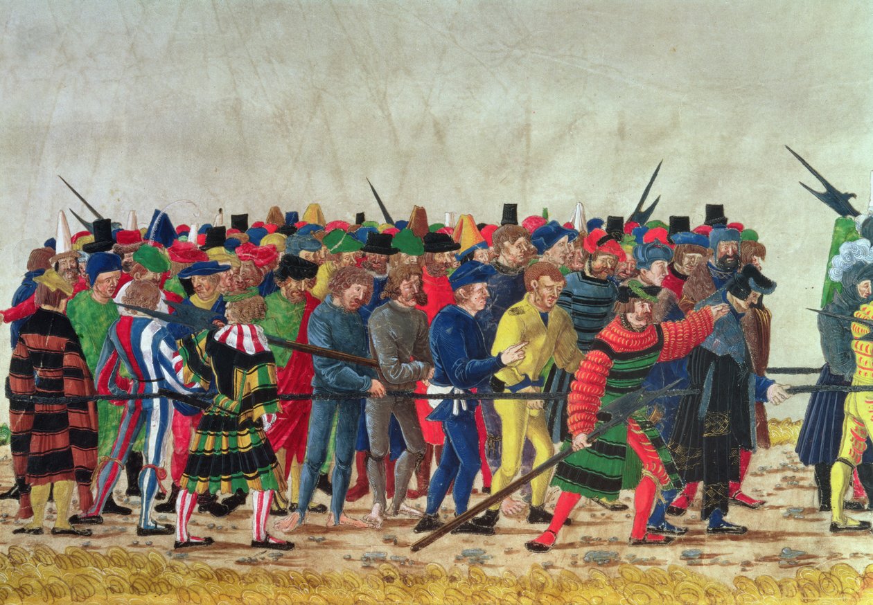 Halberdiers av Maximilian I (1459-1519) som vokter franske fanger av Austrian School