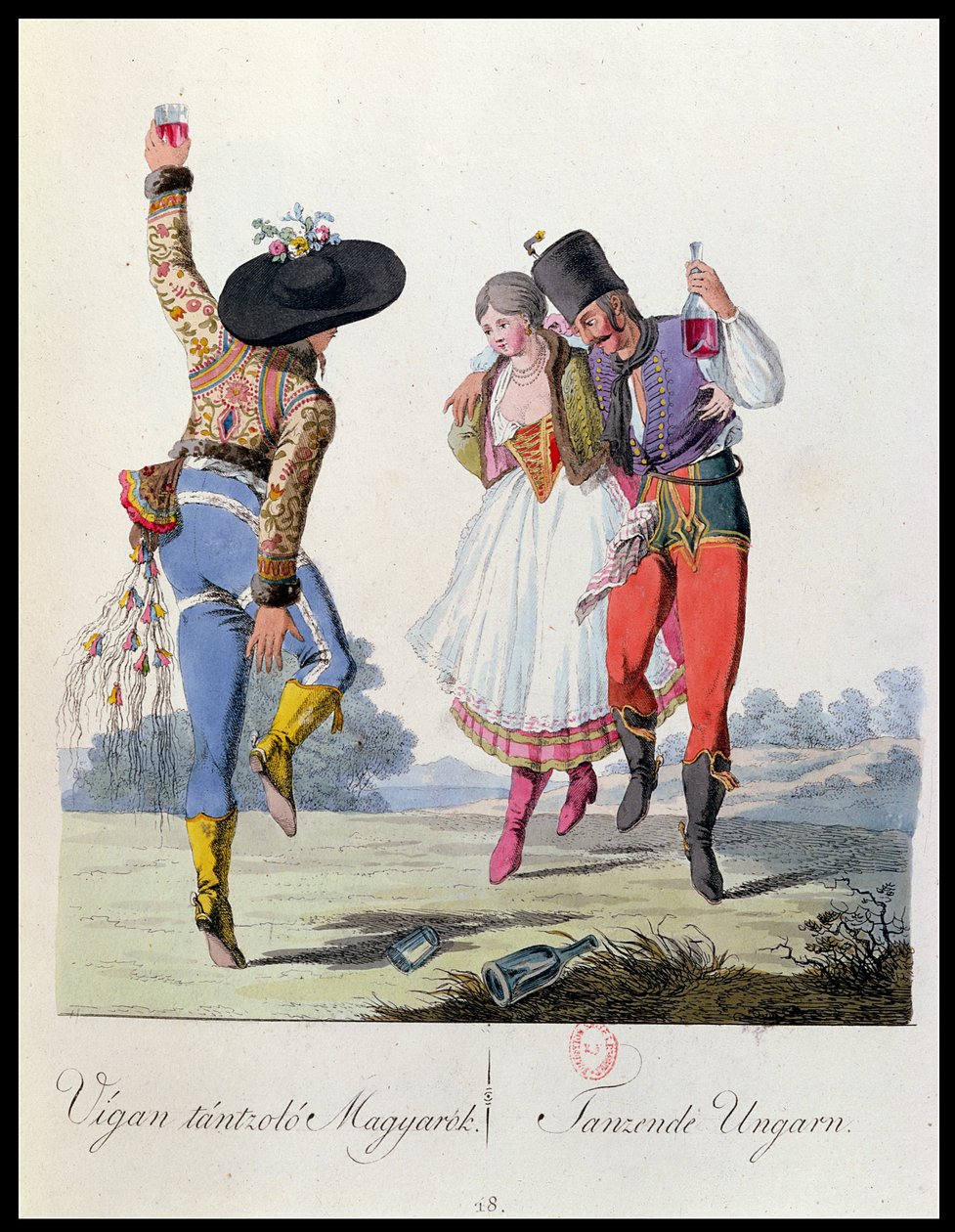 Ungarske dansere i tradisjonell kjole, illustrasjon fra en bok Costumes de Pannonie av J.H. de Bikkesy, utgitt i Wien, 1810 (fargegravering) av Austrian School