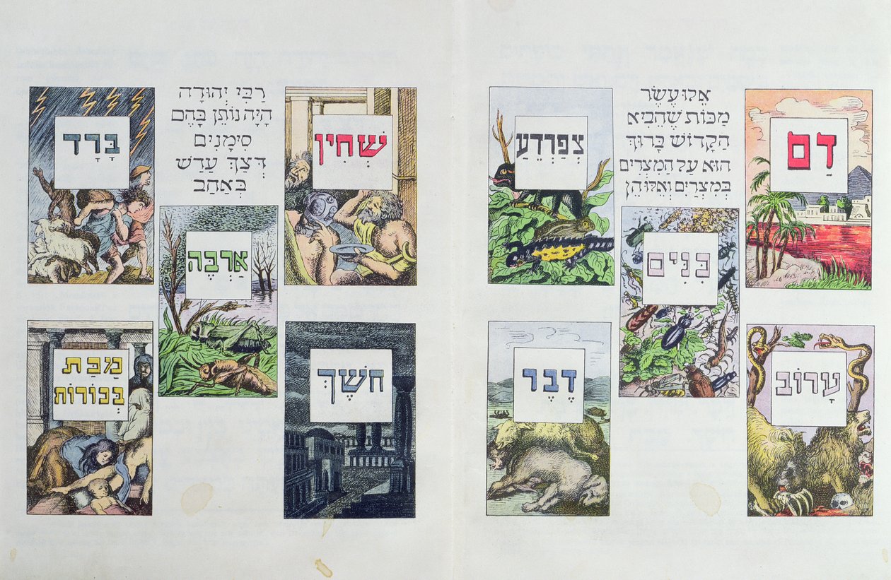 Illustrasjoner av Egypts ti plager, fra en Haggadah, publisert i Wien ca. 1900 av Austrian School
