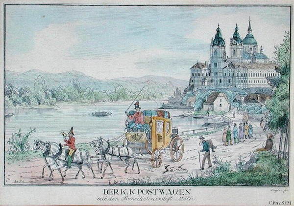 Imperial Austrian Postal Service vogn foran Melk Abbey ved elven Donau, tidlig på 1800-tallet (fargegravering) av Austrian School