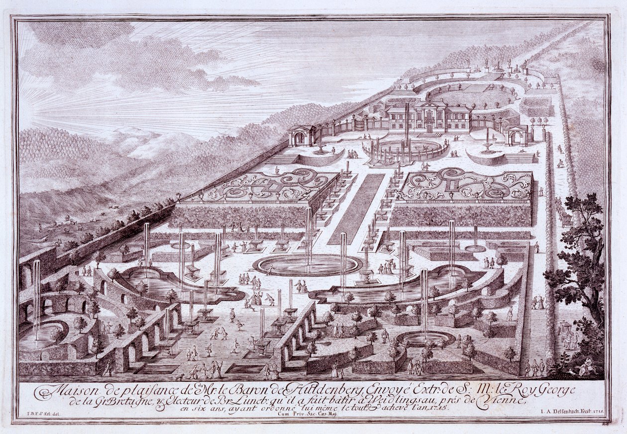 Storslåtte hager og palass til Baron de Huldenburg, bygget av ham i Widlingsau, 1719 av Austrian School