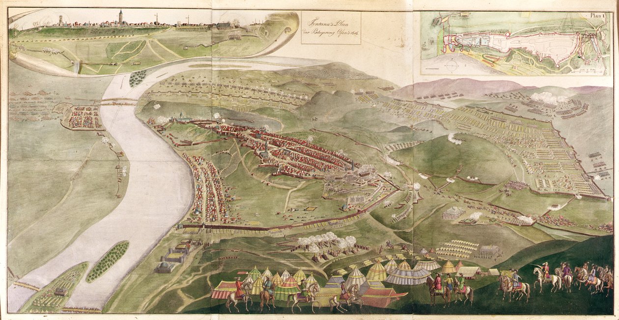 Kart som illustrerer Capture of Buda, 1686 (fargegravering) av Austrian School