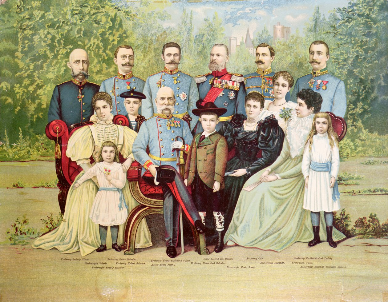 Medlemmer av den østerrikske keiserfamilien gruppert rundt keiser Franz Joseph I (1830-1916) ca. 1900 av Austrian School