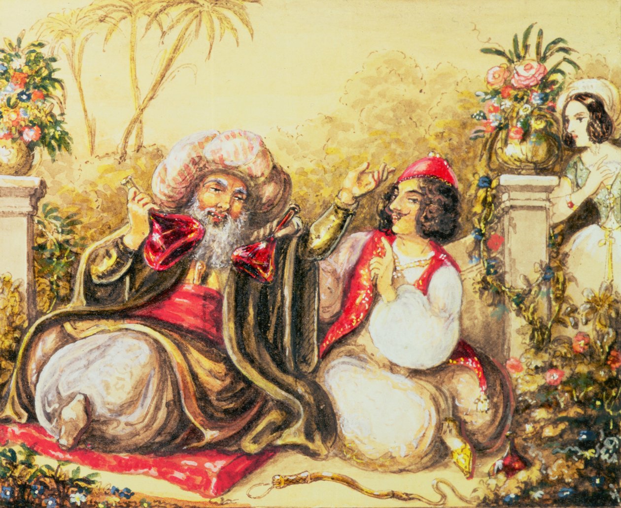 Pedrillo pleier Osmin med drikke, mens Blonda venter i bakgrunnen, scene fra akt II, fra 