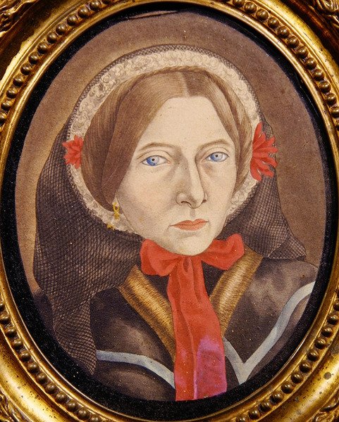 Portrett av en kvinne med panser og rødt bånd, ca. 1830 (gouache på papir) av Austrian School