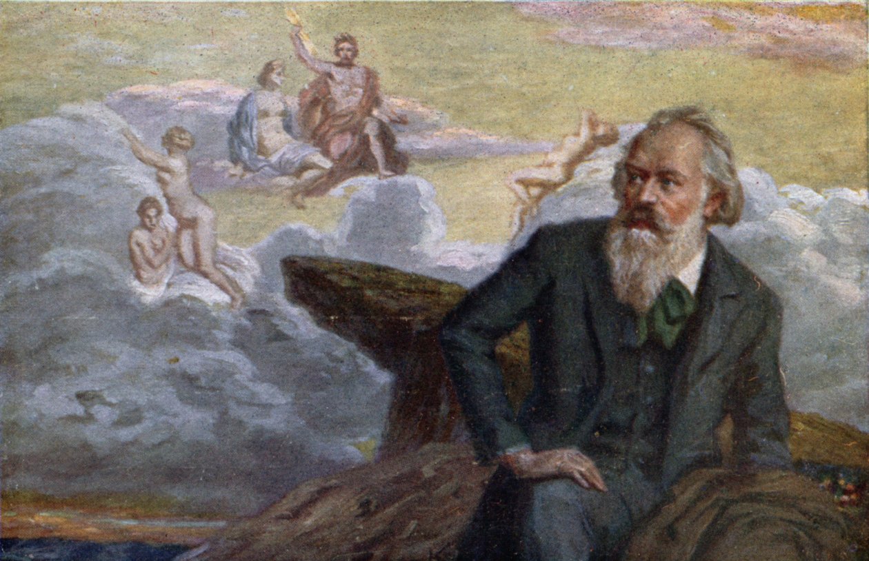 Postkort som viser Johannes Brahms (1833-97) som komponerer sin første symfoni op.68, ca. 1900 av Austrian School