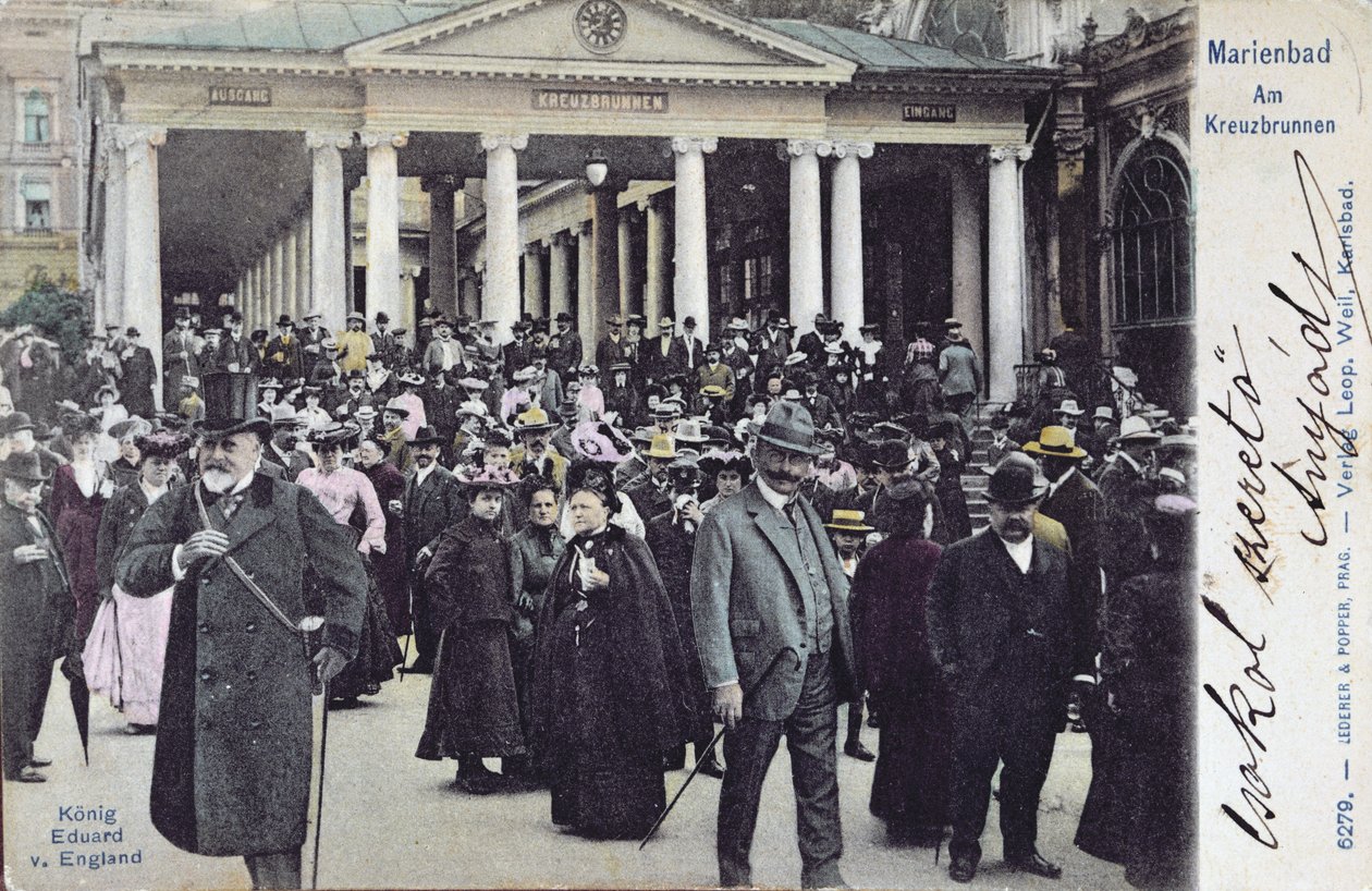 Postkort som viser kong Edward VII (1841-1910) på besøk i spaet i Marienbad, ca. 1905 av Austrian School