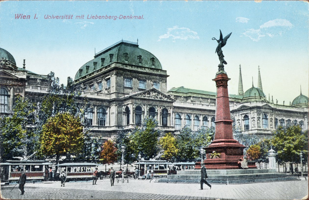 Postkort som viser universitetet i Wien og Liebenberg-monumentet, ca. 1915 av Austrian School