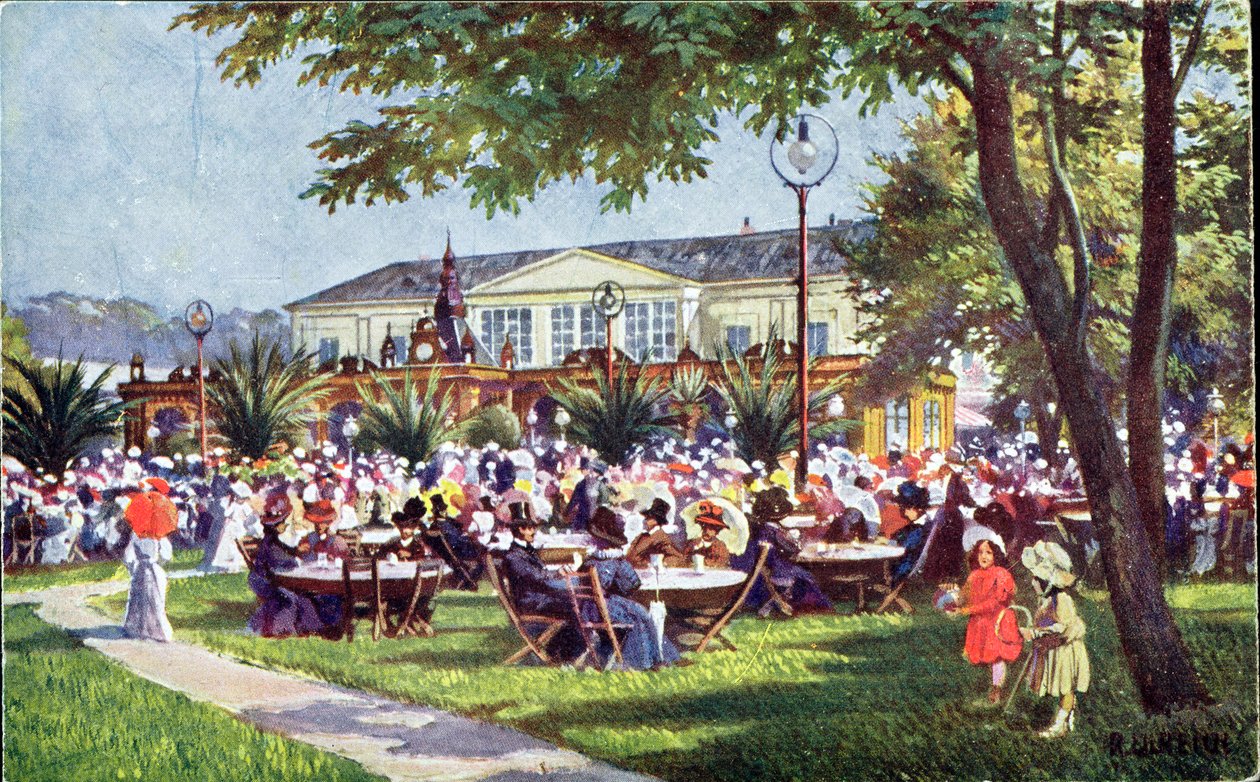 Postkort som viser terrassen til Meierei-Tivoli-kafeen, Schönbrunn-kvarteret, Wien av Austrian School