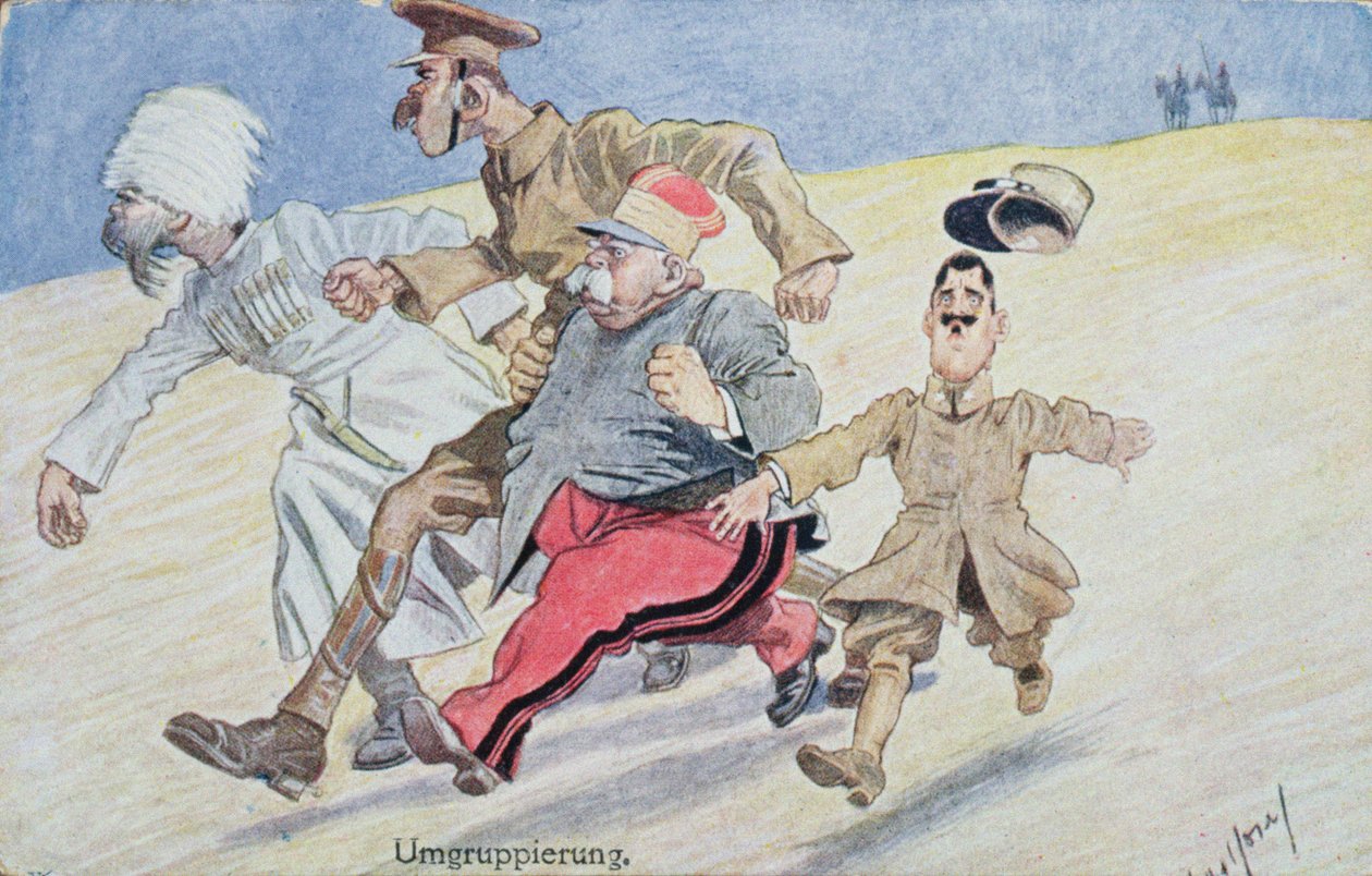 Omgruppering, Russland, Storbritannia, Frankrike og Italia på flukt foran østerrikerne og tyskerne i horisonten, postkort fra første verdenskrig av Austrian School
