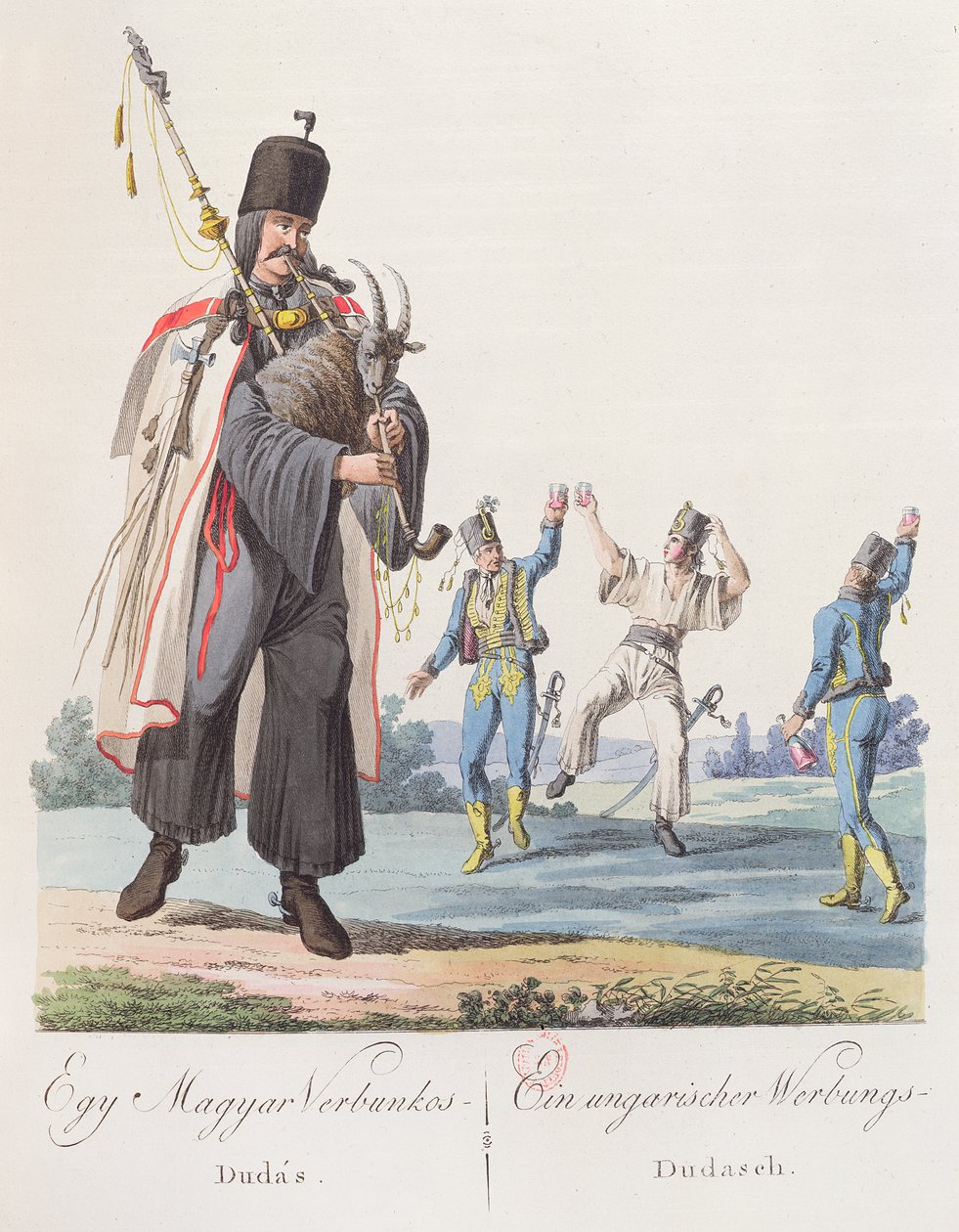 Soldater fra et ungarsk regiment som utfører en rekrutteringsdans, illustrasjon fra en bok Costumes de Hongrie, utgitt i Wien, 1810 av Austrian School