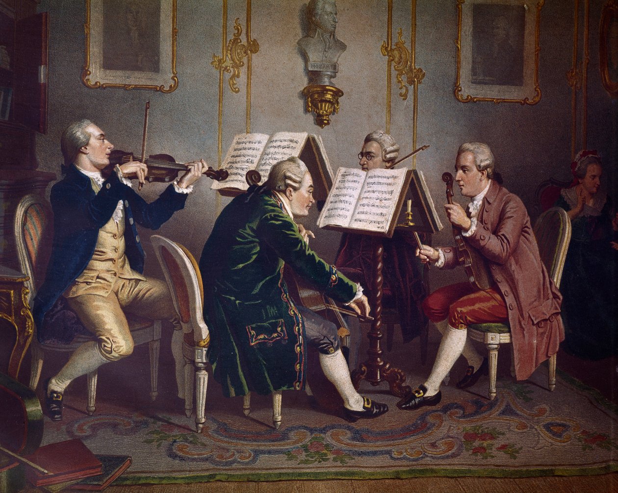 Strykekvartett som spiller et Mozarts verk (Kammermusikk) (litografi av Austrian School