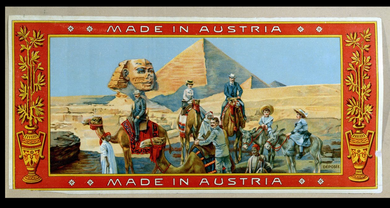 Turister ved pyramidene i Egypt, etikett fra en fez-boks, ca. 1914 av Austrian School