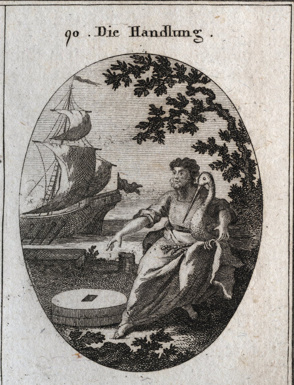 Trade allegory. At his feet two mills are placed on each other and he holds a stork in his arms. Its two attribute mean that mutual aid is the strength of trade. Deep down, a vogue vessel has full sail. Engraving in “” Iconologie oder Ideen aus dem Gebiete av Austrian School