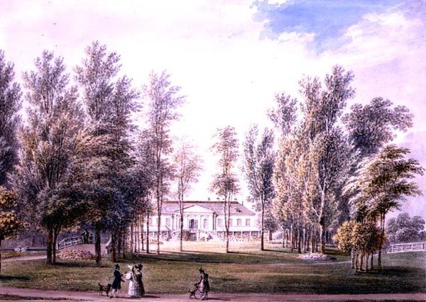 Utsikt over et landsted i en park, ca. 1815 (akvarell på papir) av Austrian School