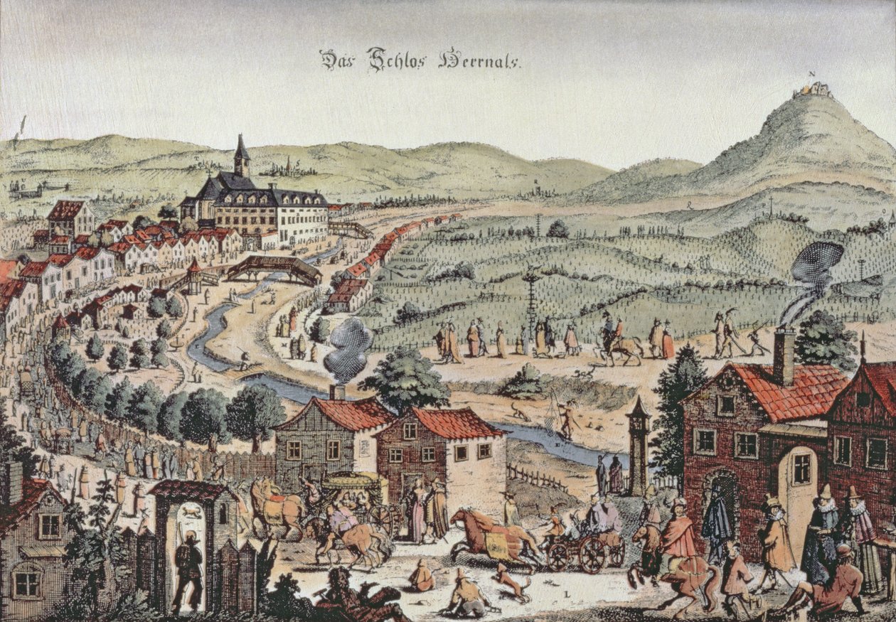 Utsikt over nord i Wien med Schlos Hernals og Kahlenberg-åsene i bakgrunnen (gravering) av Austrian School