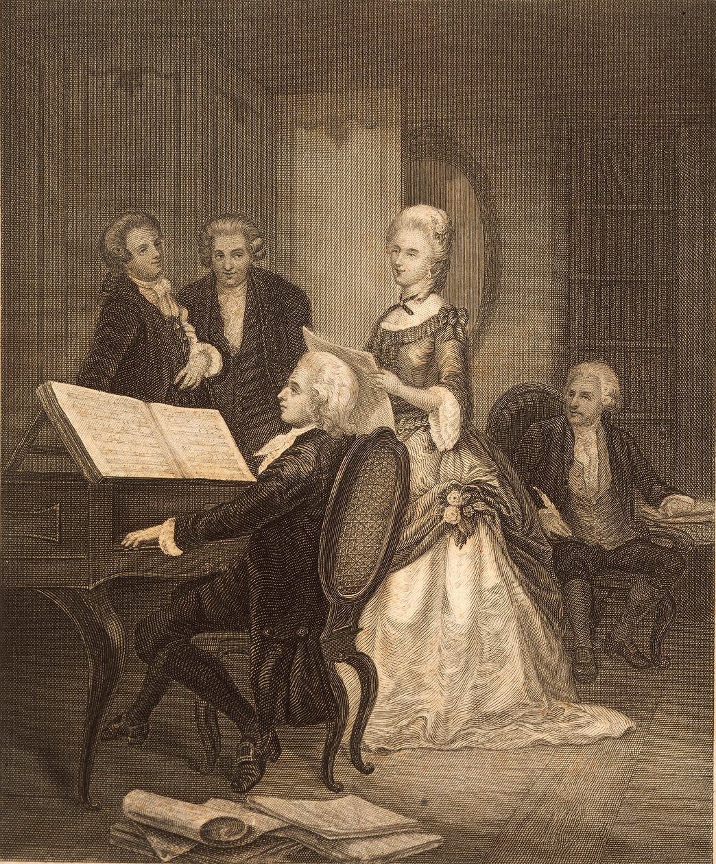 Wolfgang Amadeus Mozart akkompagnerer Caterina Maddalena Giuseppa (gravering) av Austrian School