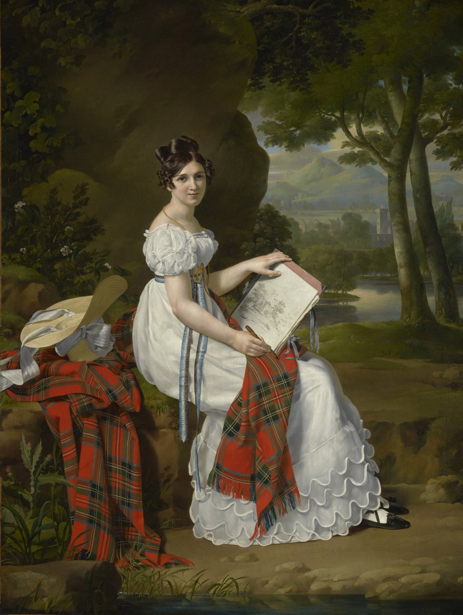 Kvinne som skisserer i et landskap, ca. 1830 av Austrian School
