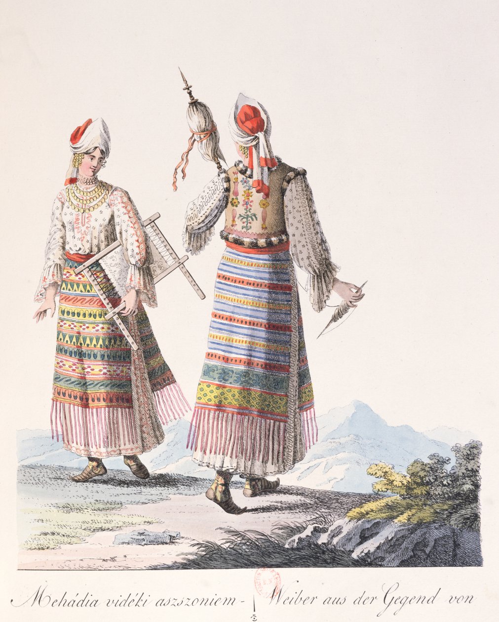Kvinner i tradisjonell kjole fra Mehadia-regionen, illustrasjon fra en bok Costumes de Hongrie av J.H. de Bikkesy, 1810 (fargegravering) av Austrian School