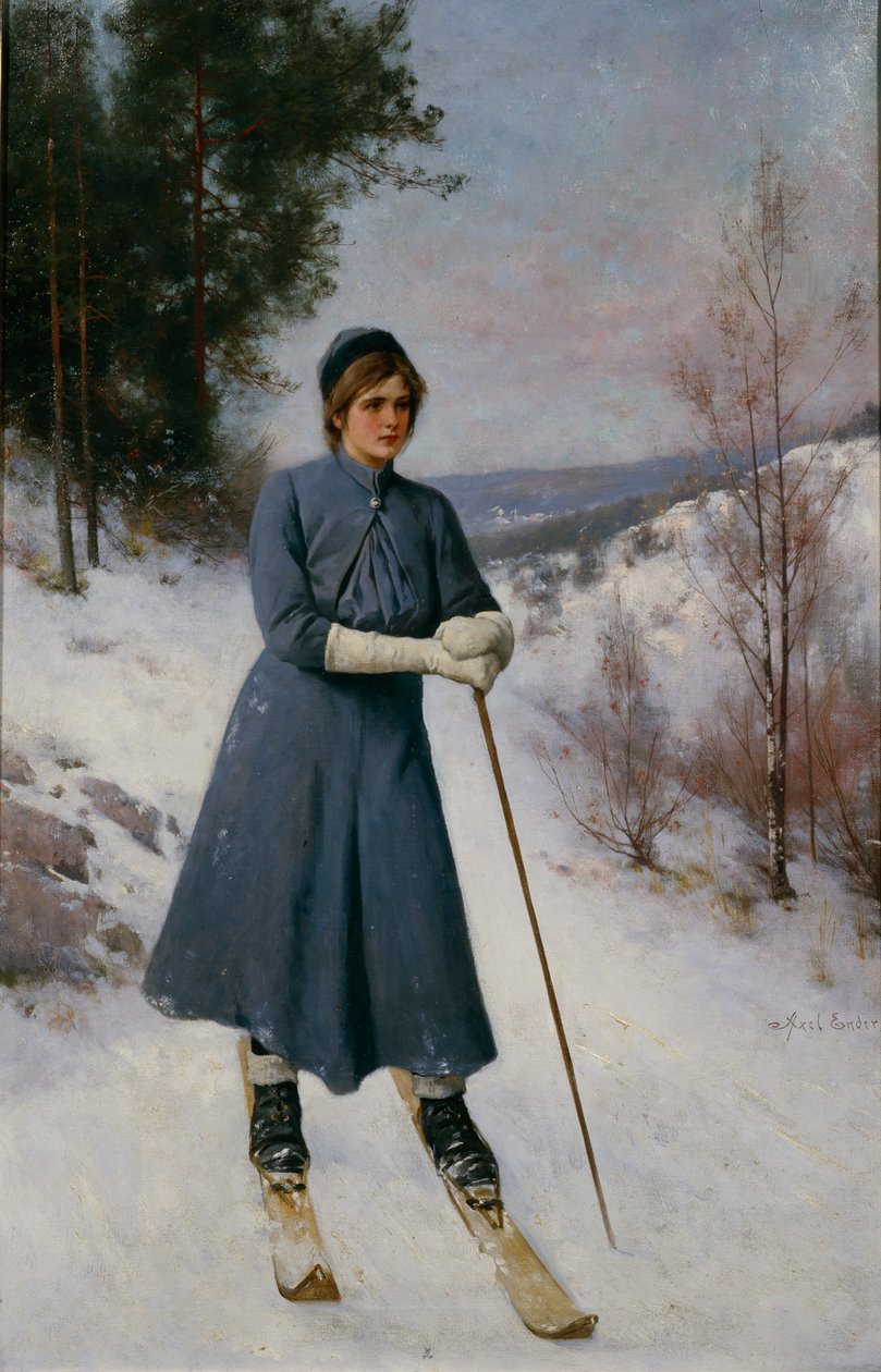 Jente på ski (olje på lerret) av Axel Hjalmar Ender