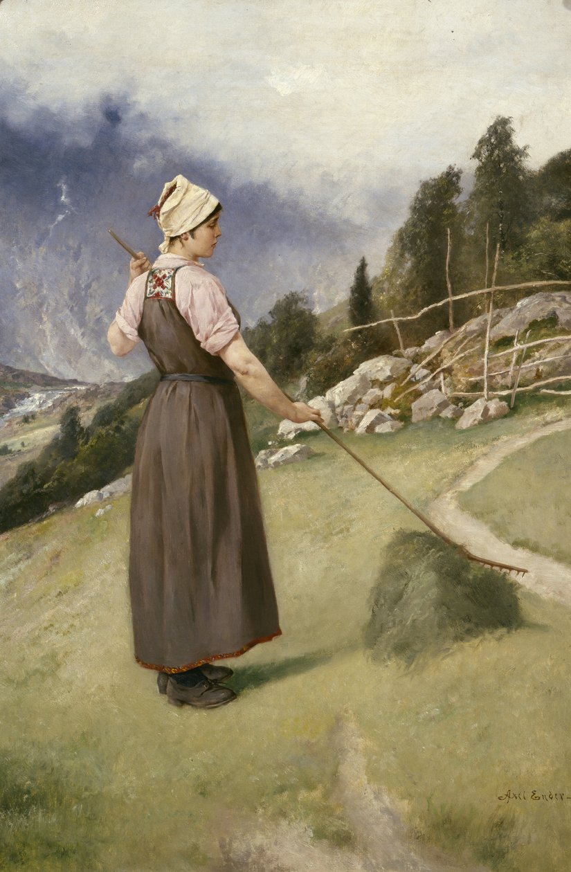 Jente som raker høy (olje på lerret) av Axel Hjalmar Ender