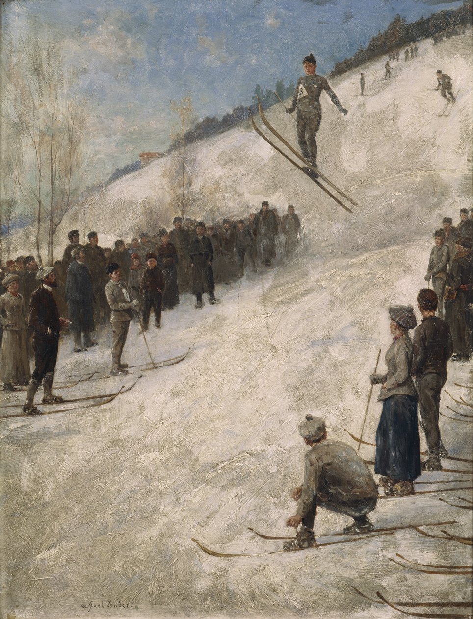 Skikonkurranse i Fjelkenbakken, Asker (olje på lerret) av Axel Hjalmar Ender