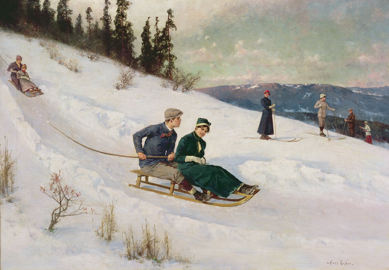 Kjelkekjøring og ski (olje på lerret) av Axel Hjalmar Ender