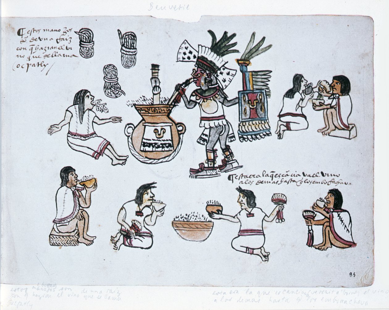 Aztec Pulque Deity blåser på et rør over en krukke med pulque og menn som drikker pulque, illustrasjon fra Codex Magliabechiano av Aztec