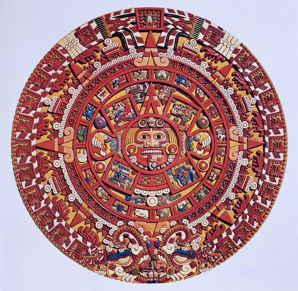 Imaginær gjenskaping av en aztekisk solsteinskalender (se også 115255), Late Post Classic Period (litografi) av Aztec