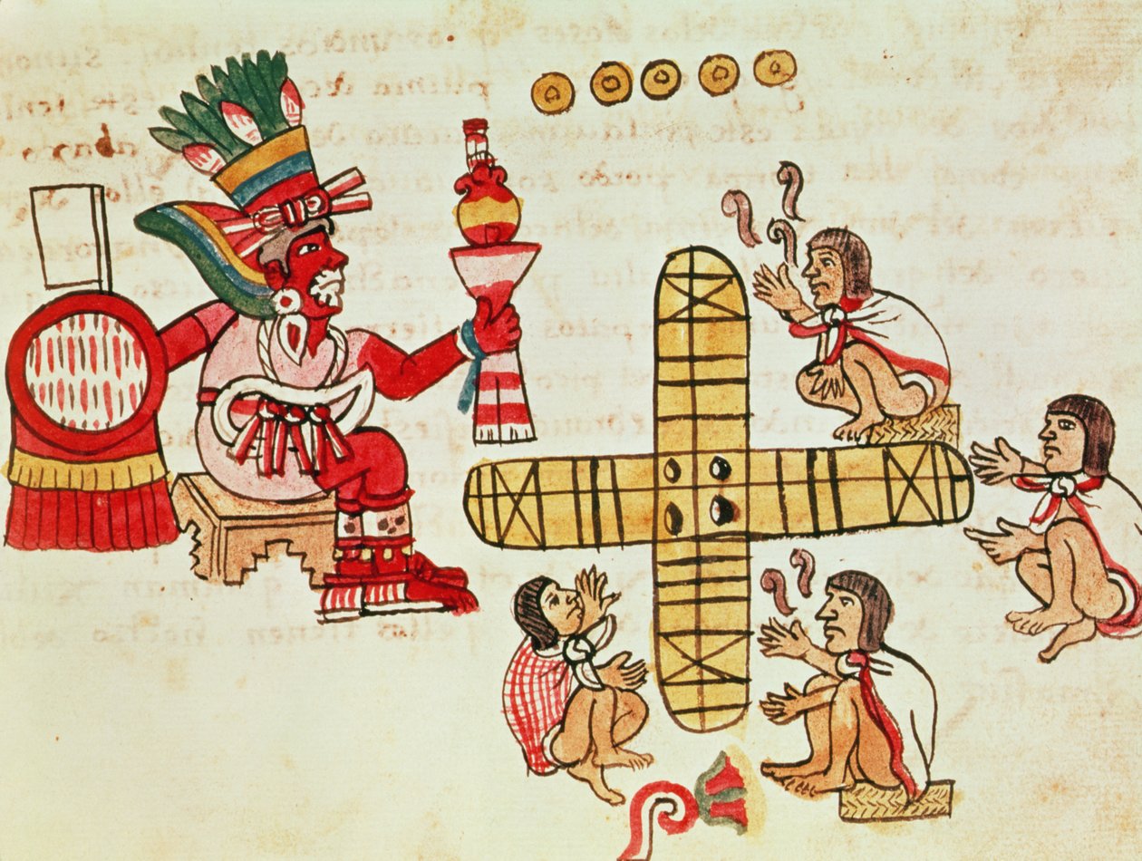 Gambling Patoli og guden, Xochipilli, fra Codex Magliabechiano (vellum) av Aztec