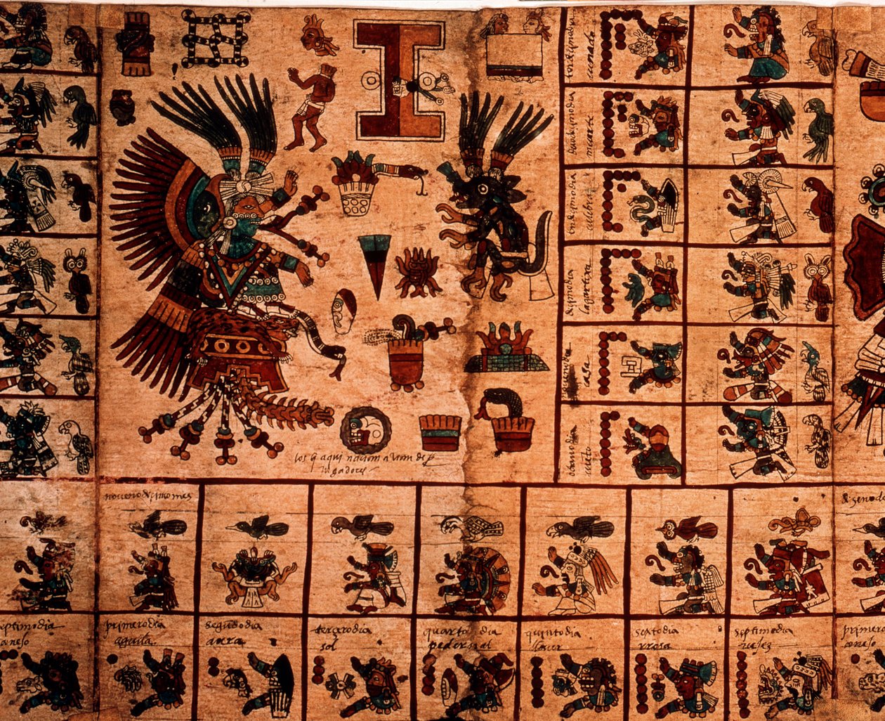 Representasjon av aztekiske guder og bokser som tilsvarer kalenderen. Side av det aztekiske manuskriptet på bark "Codex Borbonicus"", precolombiansk urfolkskodeks i det sentrale Mexico, sent på 1400-tallet. Nasjonalforsamlingens bibliotek (P av Aztec