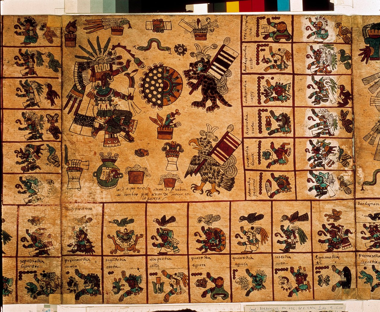 Representasjon av aztekiske guder og bokser som tilsvarer kalenderen. Side av det aztekiske manuskriptet på bark "Codex Borbonicus"", precolombiansk urfolkskodeks i det sentrale Mexico, sent på 1400-tallet. Nasjonalforsamlingens bibliotek (Palais Bourbon). av Aztec