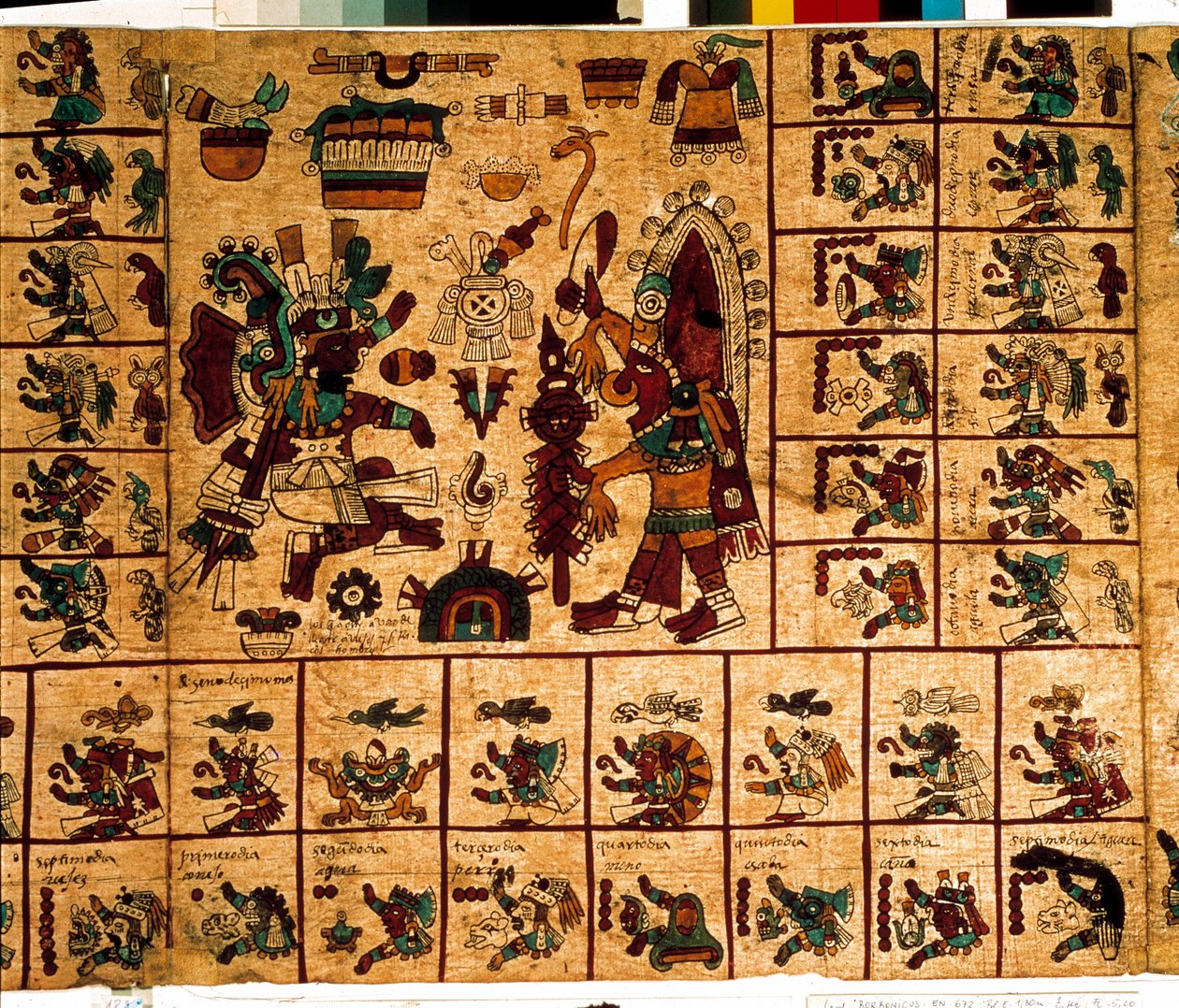 Representasjon av aztekiske guder og bokser som tilsvarer kalenderen. Side av det aztekiske manuskriptet på bark "Codex Borbonicus"", precolombiansk urfolkskodeks i det sentrale Mexico, sent på 1400-tallet. Nasjonalforsamlingens bibliotek (Palais Bourbon). av Aztec