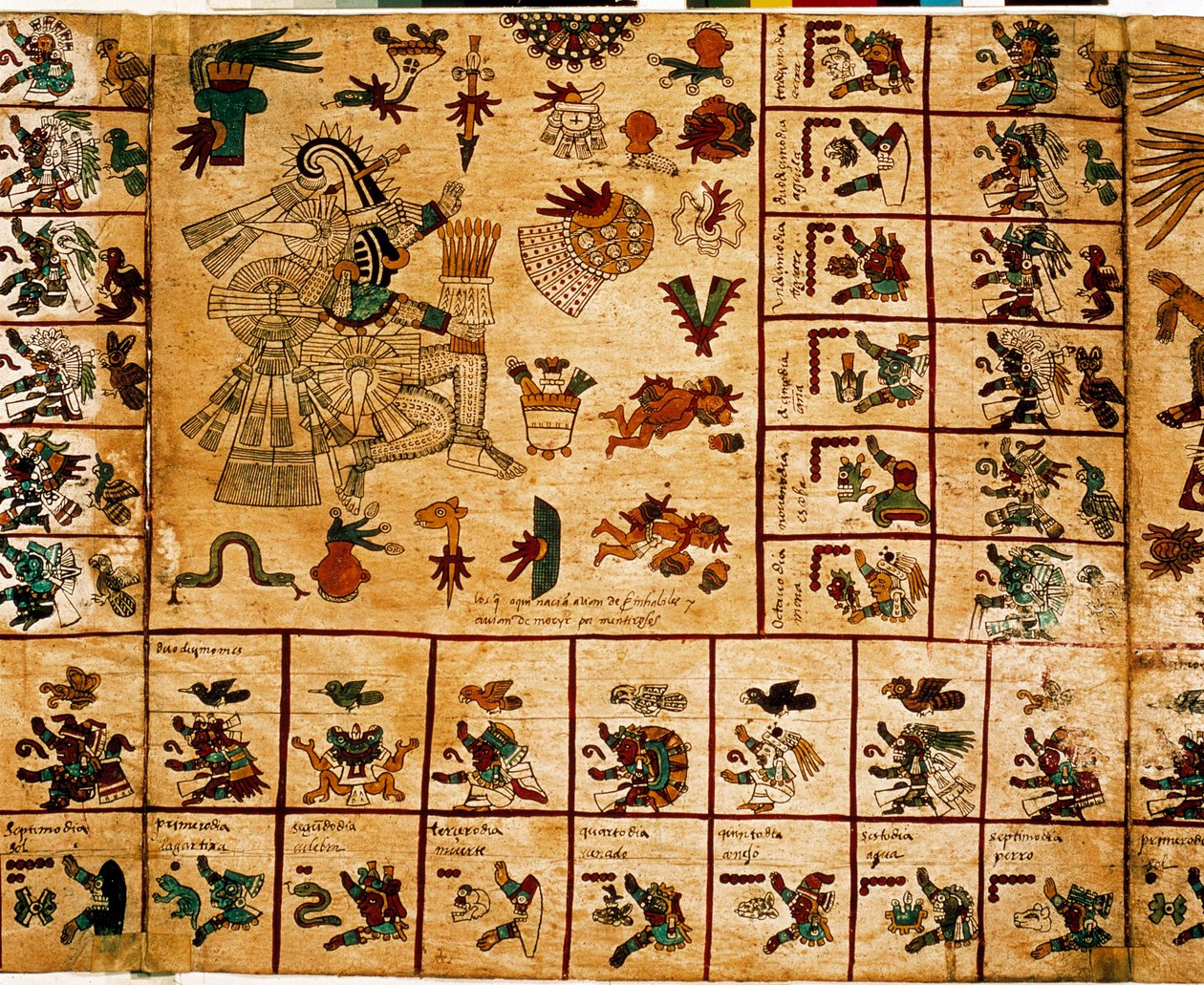 Representasjon av aztekiske guder og bokser som tilsvarer kalenderen. Side av det aztekiske manuskriptet på bark "Codex Borbonicus"", precolombiansk urfolkskodeks i det sentrale Mexico, sent på 1400-tallet. Nasjonalforsamlingens bibliotek (Palais Bourbon). av Aztec