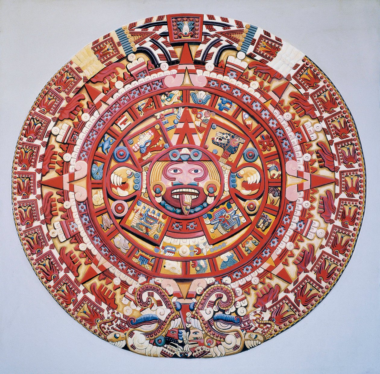Pre-columbiansk sivilisasjon: Aztec-kalenderen (Stone of the Sun): plate som representerer den aztekiske kalenderen og kosmogonien (Tonalpohualli) av Aztec Aztec
